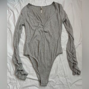 Free People Gray Ribbed Long Sleeve Bodysuit